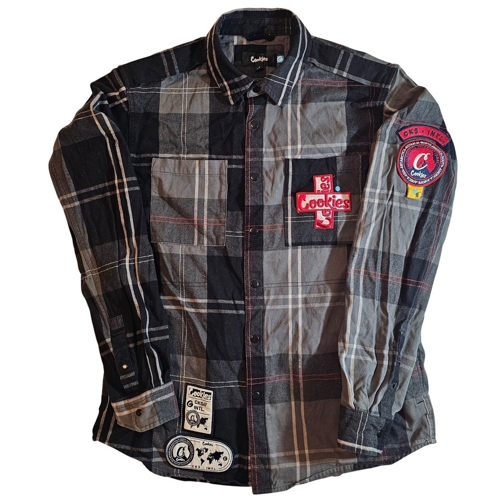 Cookies Plaid Flannel Shirt Long‎ Sleeve Button Up Patches Casual Top Womens L